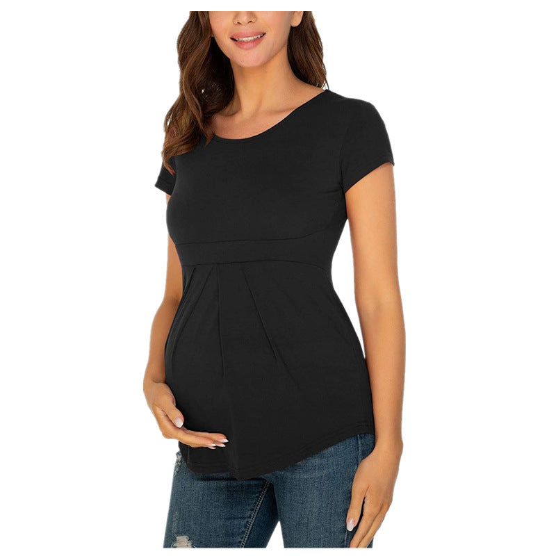 Short-sleeved Ruffled Pleated Maternity T-shirt